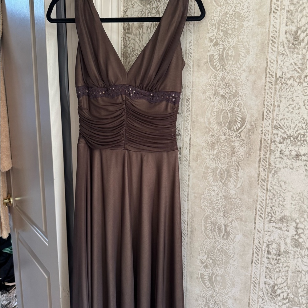 Chic Brown Maxi Dress with Ruched Bodice.